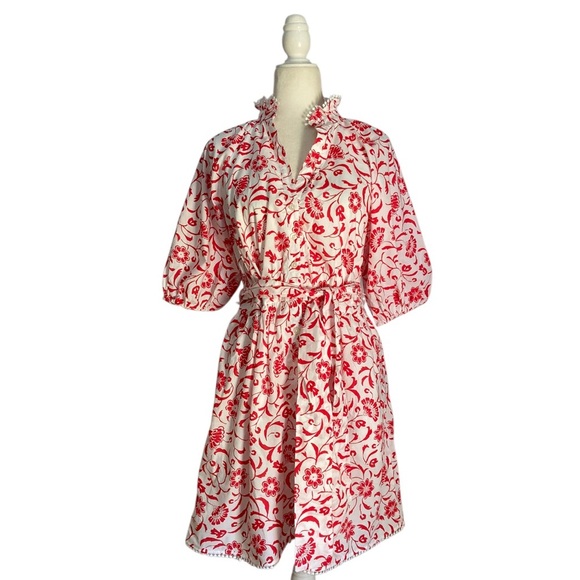 Ann Taylor Floral Ruffle Neck flare Dress NWT Fiery Red White Flirty Feminine - Picture 4 of 11